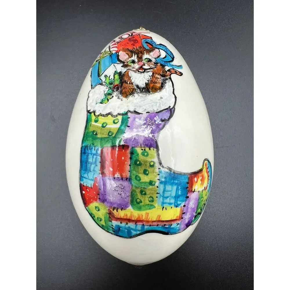 Hand Painted 4” Christmas Egg Ornament Cat w Presents in Stocking Signed
